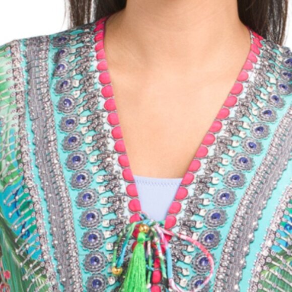 NWT La Moda Tropical Cover Up Caftan Garden Maxi Dress w/ Embellishments One Sz - Picture 8 of 9